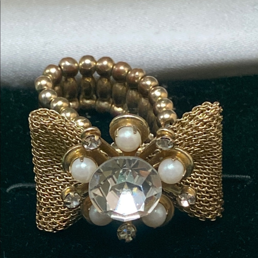 Gold Bow w/ Pearls & Crystals Ring w/ Textured Band